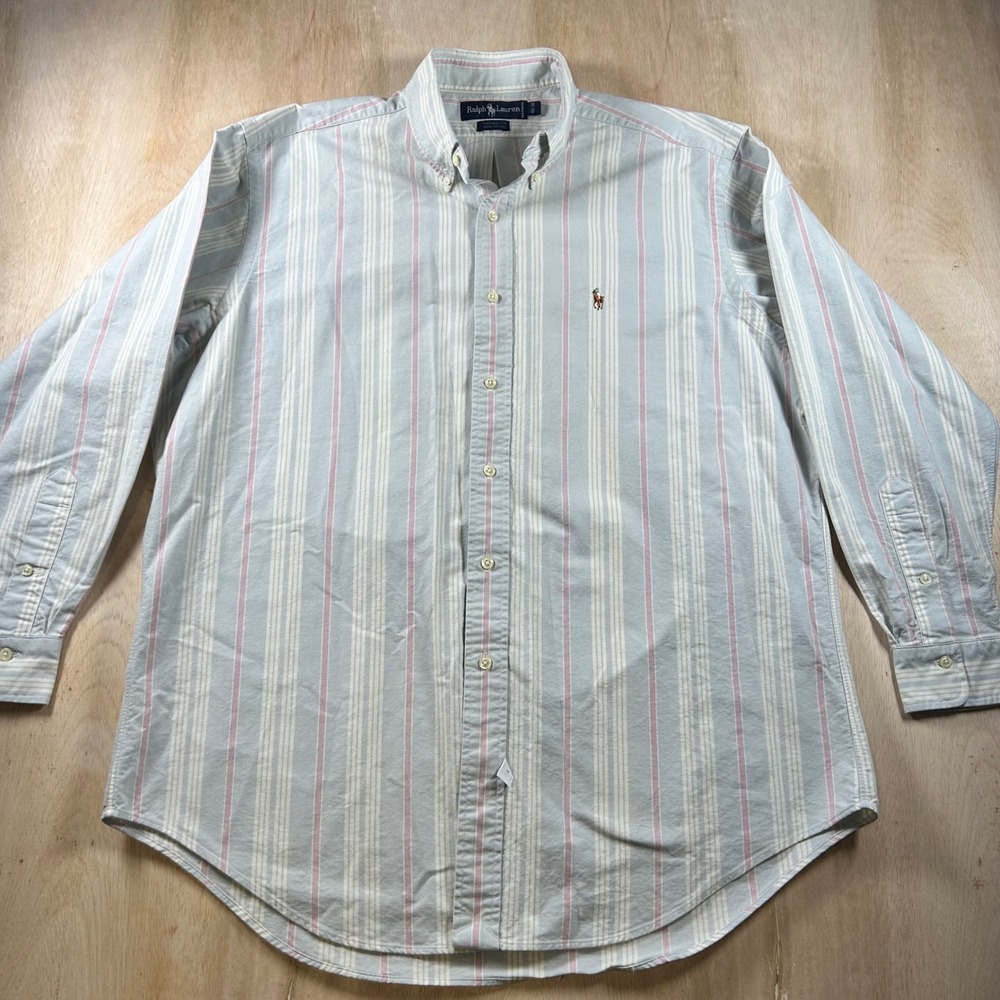 Ralph Lauren Yarmouth Mens 2XL Blue Pink Striped Cotton Button Down 16.5-34